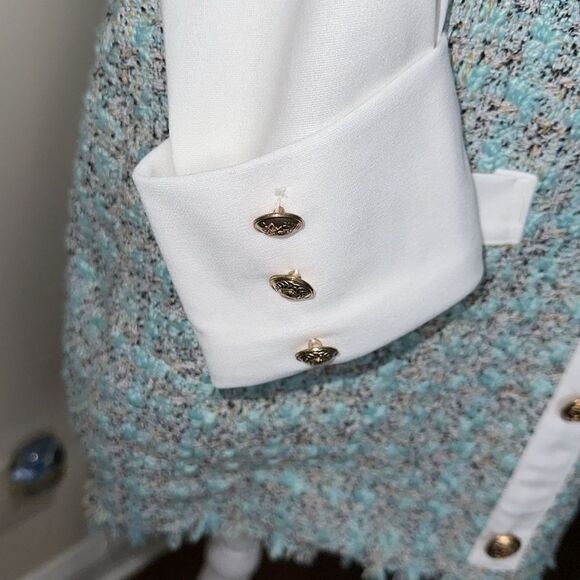Jenifer Elegant White Tiffany Blue BoucleβTweed Long Sleeve Mini Dress - Picture 8 of 16